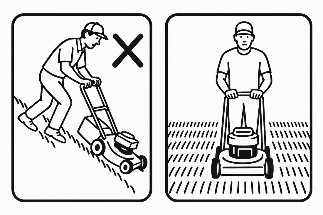 Illustration showing best mowing practices with proper techniques for mowing and avoiding mistakes