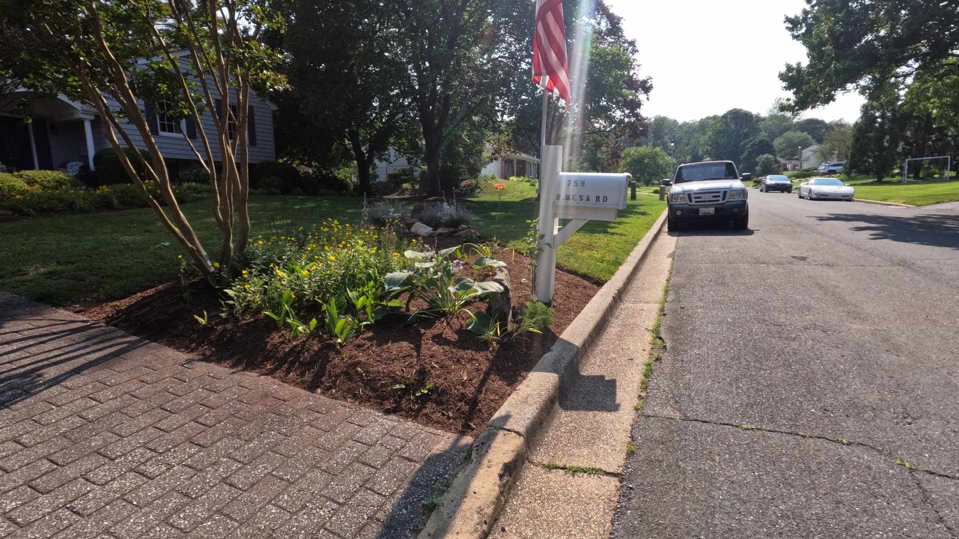 Street scene with a garden, flag, and parked cars in a residential area.